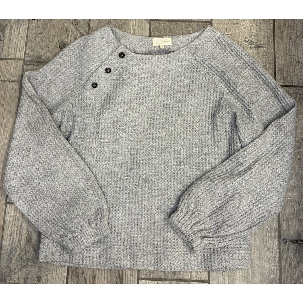 Melloday Grey Waffle Knit Balloon Sleeve Sweater With Button Detail Size Small